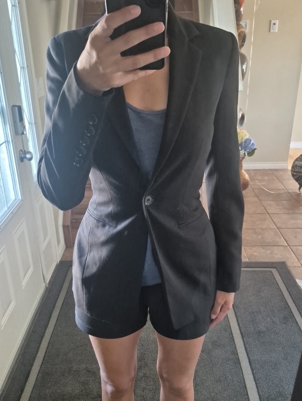 Suzy Shier Black Boyfriend Blazer with Purple Lining